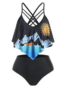 Rosegal Sun Iceberg Print Ruffle Crisscross Tankini Swimwear