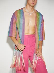 INCERUN Men Glitter Rainbow Stripe Printed Fringe Cardigan
