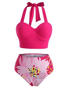 Rosegal Plus Size Lace-up Flower Bustier Underwire High Rise Tankini Swimwear