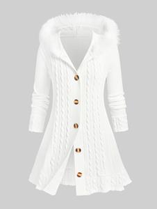 Rosegal Plus Size Fuzzy Trim Hooded Cable Knit Cardigan