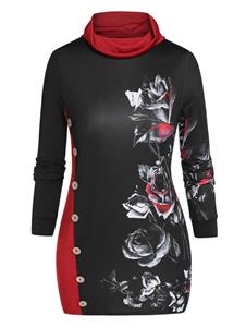 Rosegal Plus Size Flower Print Mock Button Cowl Neck Sweatshirt