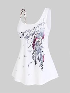 Rosegal Plus Size Feathers Print Tank Top with Chain