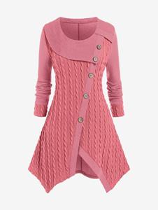Rosegal Plus Size Asymmetric Mock Buttons Cable Knit Sweater