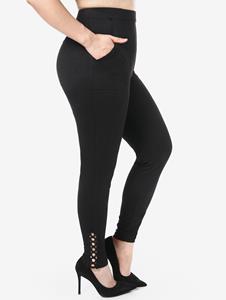 Rosegal Plus Size Hollow Out Solid Trim Skinny Leggings with Pockets