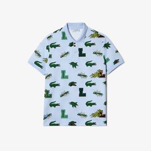 Lacoste Herren Poloshirt mit Krokodil-Aufdruck - Blau / Weiß 