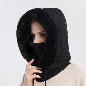 ArmadaDeals Gebreide Warme Fleece Beanies Hoeden Vrouwen Winter Hooded Sjaal Windproof Hat, Zwart