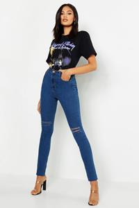 Boohoo Tall Versleten Skinny Jeans Met Hoge Taille, Middenblauw