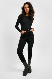 Boohoo Skinny Jeans Met Knopen En Hoge Taille, Zwart