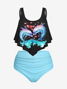 Rosegal 3D Dolphin Sea Waves Printed Overlay Top and Ruched Swim Bottom Tankini Swimsuit