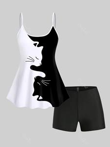 Rosegal Cat Print Two Tone Padded Tankini Top and Boyshorts Modest Tankini Swimsuit