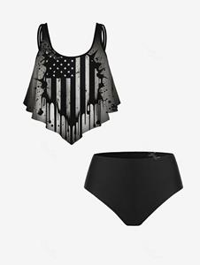 Rosegal Distressed American Flag Print Flounce Bikini Top And Plus Size Solid Full Coverage Briefs Swim Bottom