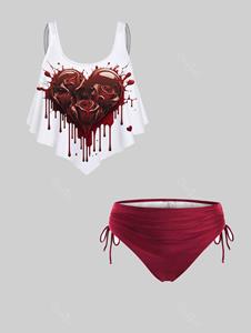 Rosegal 3D Heart Rose Print Tankini Top And Plus Size Bikini Bottoms Outfit