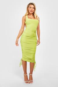 Boohoo Slinky Double Layer Ruched Midi Dress, Lime