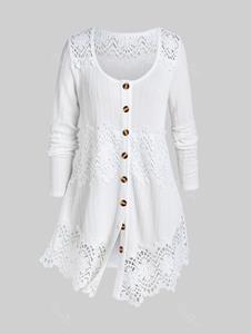Rosegal Plus Size Lace Panel Cable Knit Solid Long Sleeves Cardigan