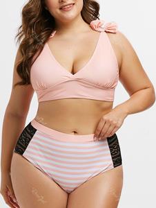 Rosegal Plus Size Bowknot Lace Panel Striped Bikini Swimsuit