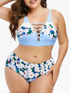 Rosegal Plus Size Floral Print Lattice Bikini Swimwear