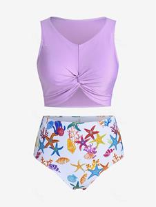 Rosegal Plus Size Starfish Conch Print Twist Longline Bikini Swimsuit