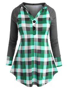 Rosegal Two Buttoned Plaid Raglan Sleeve Plus Size Hoodie