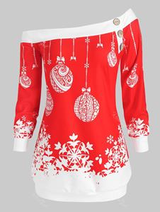Rosegal Plus Size Christmas Skew Neck Snowflake Ball Print Sweatshirt