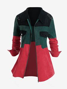 Rosegal Plus Size Corduroy Color-blocking Pocket Zipper Jacket