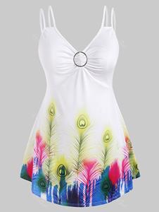 Rosegal O Ring Ruched Feather Printed Plus Size Tank Top