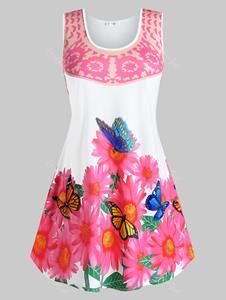 Rosegal Plus Size Butterfly Flower Print Binding Tunic Tank Top
