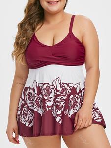 Rosegal Ruched Floral Rose Plus Size Tankini Swimsuit