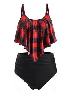 Rosegal Plus Size Plaid Flounce Tummy Control Tankini Swimsuits