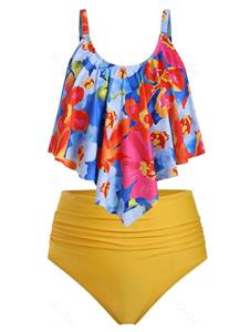 Rosegal Plus Size Floral Overlay Ruched High Waist Tummy Control Tankini Swimsuit