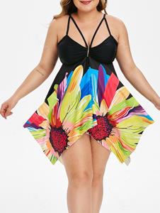 Rosegal Ruched Floral Strappy Handkerchief Plus Size Tankini Swimsuit