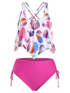 Rosegal Plus Size Shell Print Cinched Crisscross Tankini Swimwear