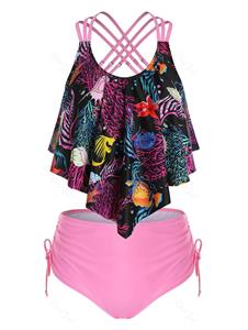 Rosegal Plus Size Printed Overlay Crisscross Cinched Tankini Swimwear