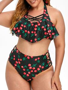 Rosegal Plus Size Crisscross Cherry Print Tankini Swimwear