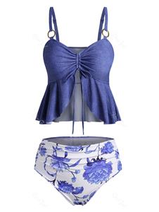 Rosegal Plus Size O Ring Cinched Floral Tankini Swimwear