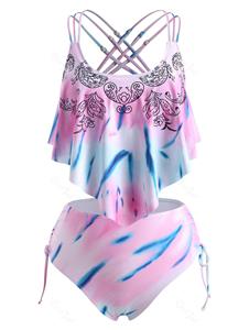 Rosegal Plus Size Tie Dye Criss Cross Cinched Draped Tankini Swimwear