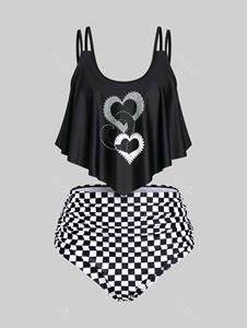 Rosegal Plus Size & Curve  Ruched Heart Checkerboard Overlay Tankini Swimsuit