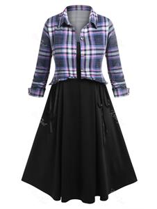 Rosegal Plus Size Plaid Shirt and Lace Up Buckled Midi Dress Set