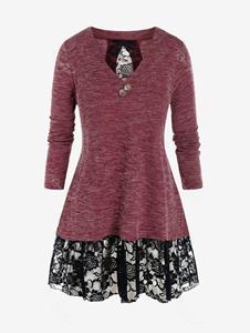 Rosegal Plus Size Lace Panel Bowknot See Thru Cutout Knit Sweater