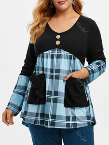Rosegal Ribbed Plaid V Neck Combo Plus Size Knitwear