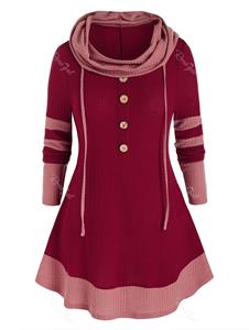 Rosegal Plus Size Hooded Two Tone Buttoned Contrast Tunic Sweater