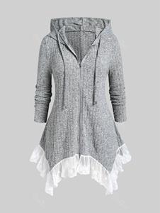 Rosegal Plus Size Contrast Lace Trim Ribbed Hooded Cardigan