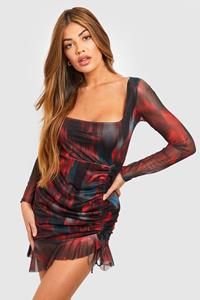 Boohoo Abstract Floral Rouched Mesh Mini Dress, Red