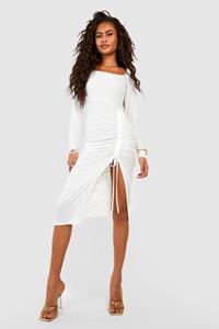 Boohoo Slinky Ruched Side Midi Dress, Ivory