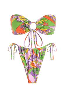 Zaful Gebundener Seitliche Blumen Bandeau Bikini Badebekleidung mit Schnürung