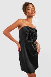 Boohoo 3D Rose Detail Bandeau Satin Mini Dress, Black