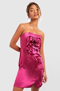 Boohoo 3D Rose Detail Bandeau Satin Mini Dress, Magenta