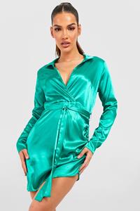 Boohoo Satin Wrap Detail Dress, Emerald