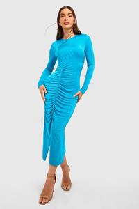 Boohoo Textured Slinky Rouched Midi Dress, Bright Blue