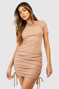 Boohoo Rouched Detail Ribbed Mini Bodycon Dress, Stone