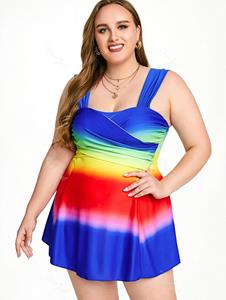 Rosegal Plus Size & Curve Rainbow Color Crossover Boyleg Swim Dress